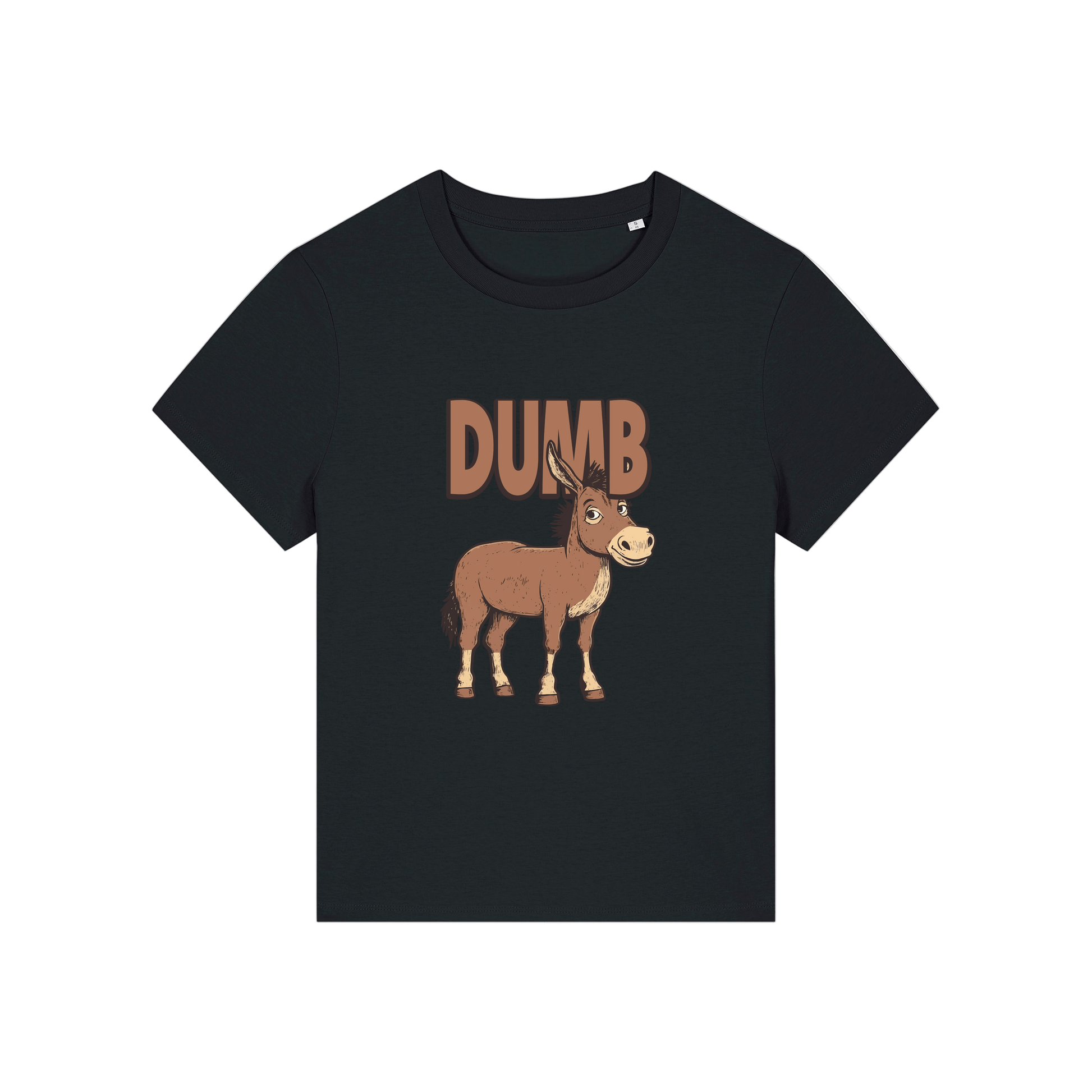 black funny animal t-shirt with the graphic of a cartoon donkey and the word 'dumb'