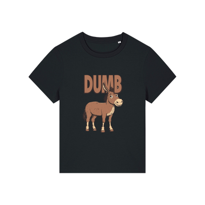 black funny animal t-shirt with the graphic of a cartoon donkey and the word 'dumb'