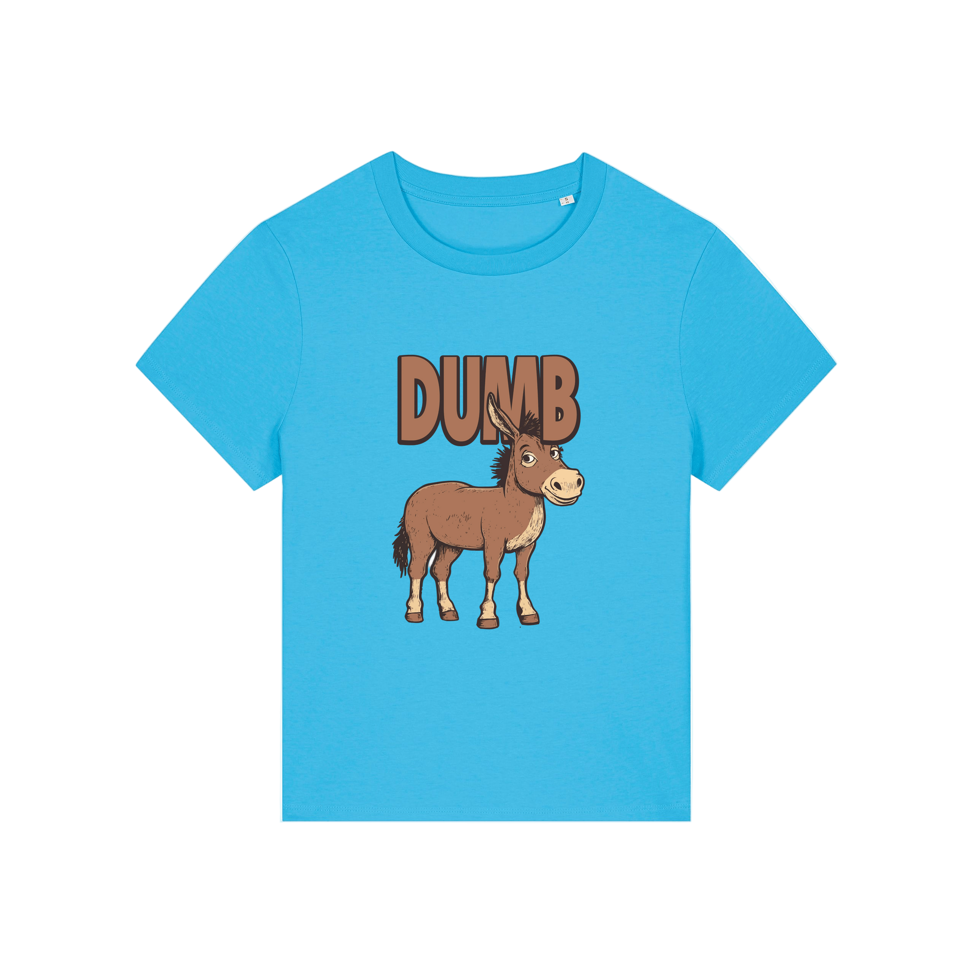 blue funny animal t-shirt with the graphic of a cartoon donkey and the word 'dumb'