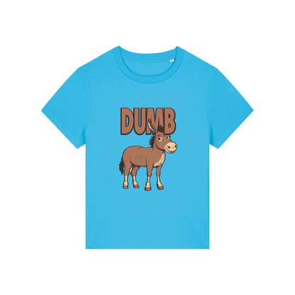 blue funny animal t-shirt with the graphic of a cartoon donkey and the word 'dumb'