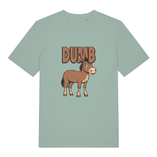 green women's funny animal t-shirt with the graphic of a cartoon donkey and the word 'dumb' above it