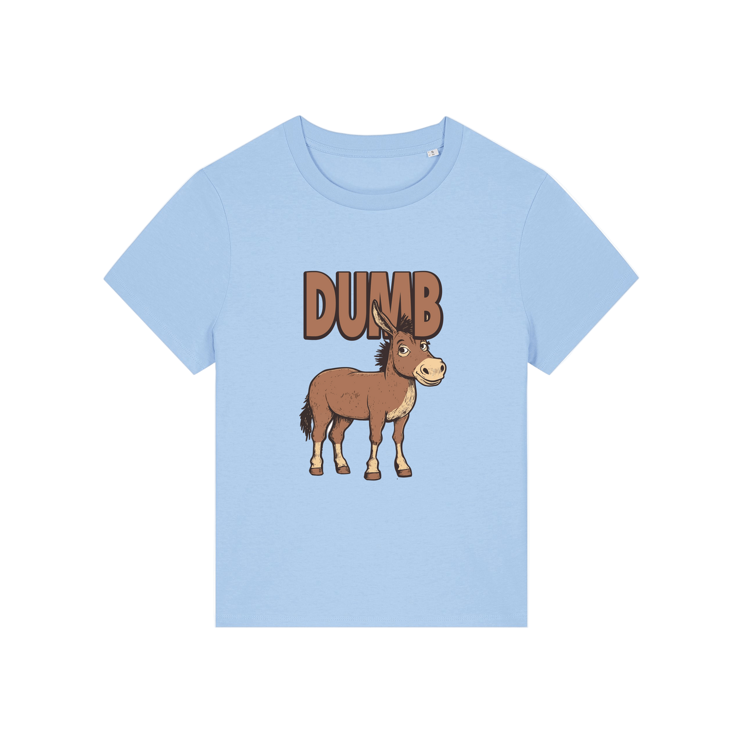 light blue funny animal t-shirt with the graphic of a cartoon donkey and the word 'dumb'