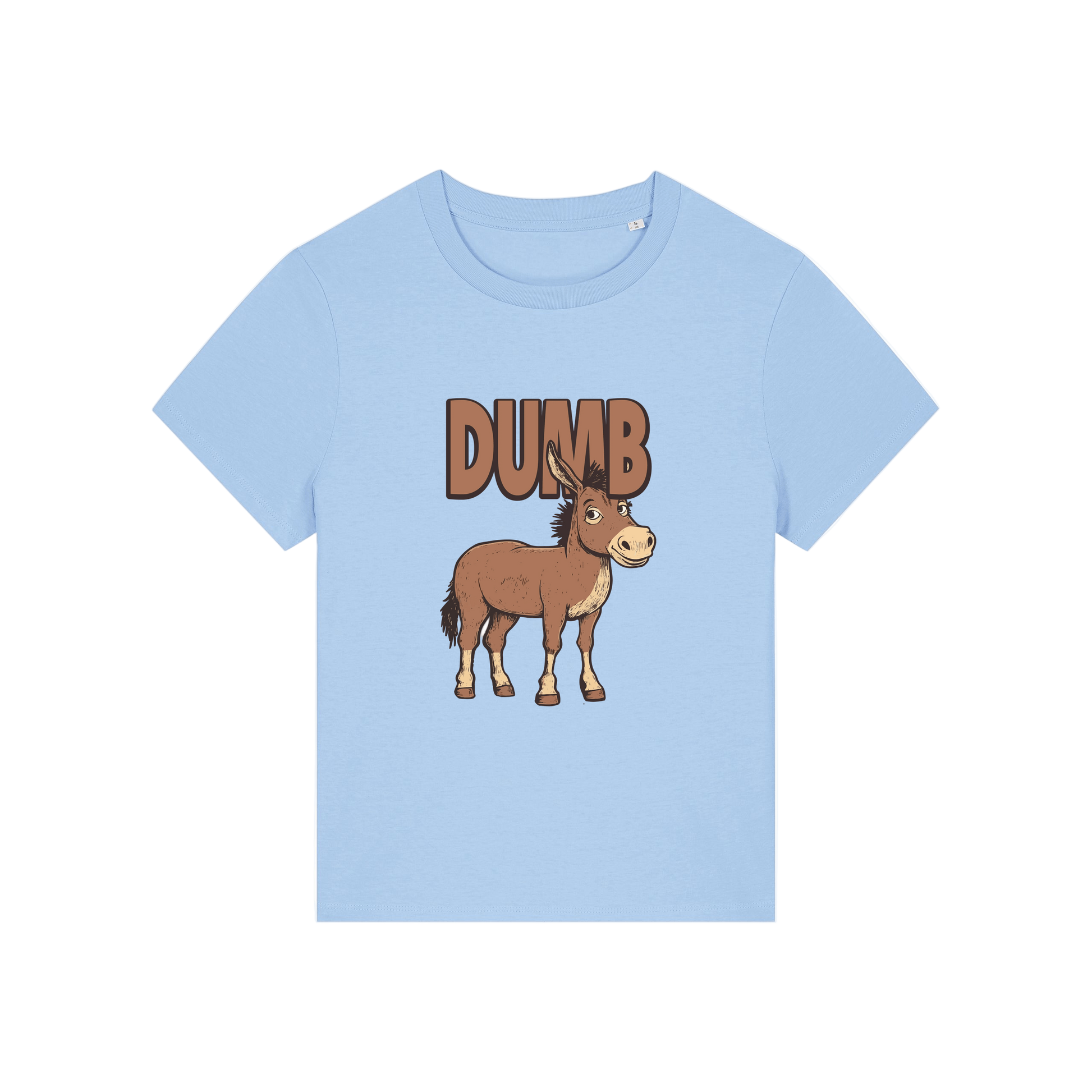 light blue funny animal t-shirt with the graphic of a cartoon donkey and the word 'dumb'