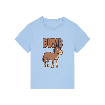 light blue funny animal t-shirt with the graphic of a cartoon donkey and the word 'dumb'