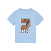 light blue funny animal t-shirt with the graphic of a cartoon donkey and the word 'dumb'