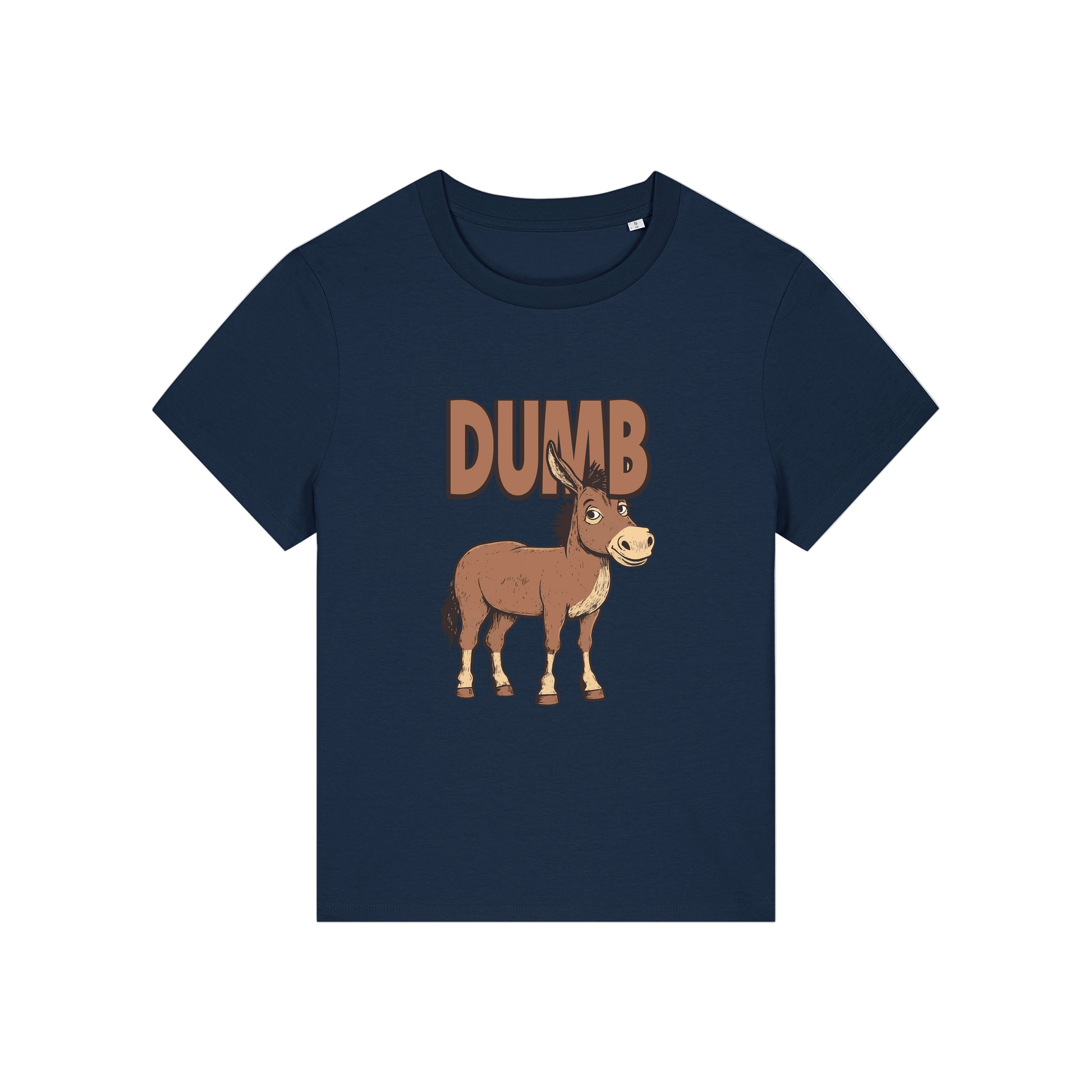 navy funny animal t-shirt with the graphic of a cartoon donkey and the word 'dumb'