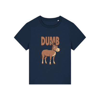 navy funny animal t-shirt with the graphic of a cartoon donkey and the word 'dumb'