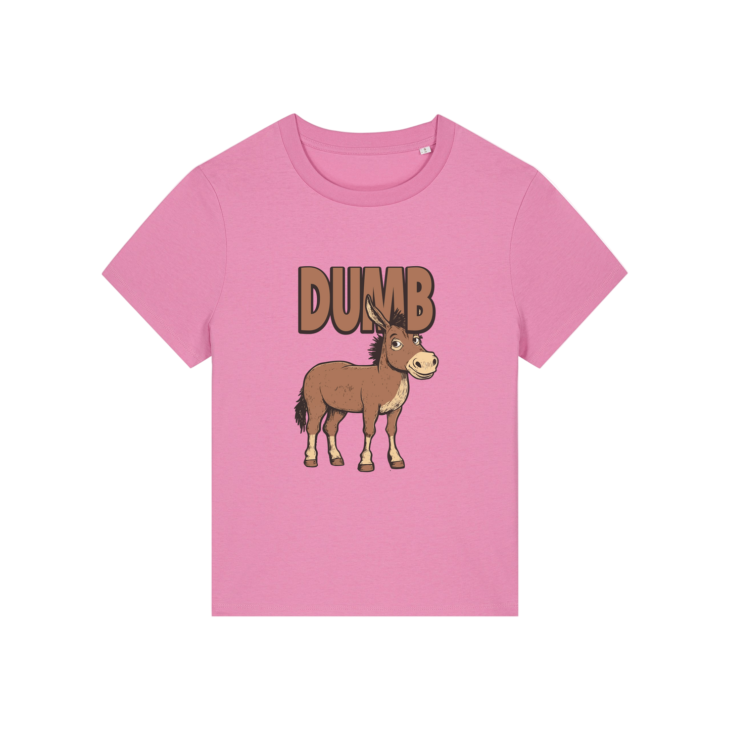 pink funny animal t-shirt with the graphic of a cartoon donkey and the word 'dumb'