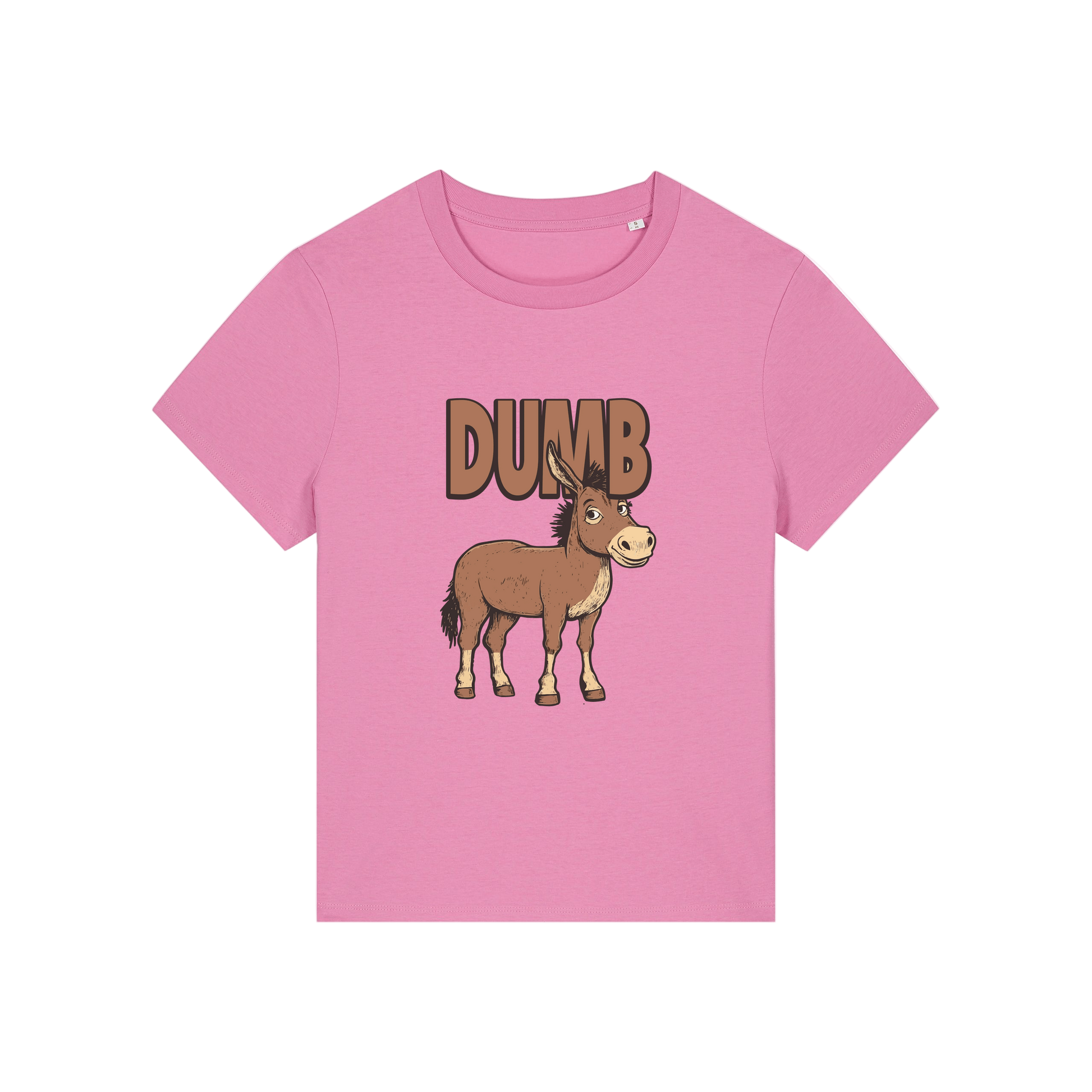 pink funny animal t-shirt with the graphic of a cartoon donkey and the word 'dumb'