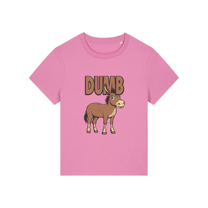 pink funny animal t-shirt with the graphic of a cartoon donkey and the word 'dumb'