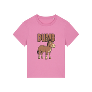 pink funny animal t-shirt with the graphic of a cartoon donkey and the word 'dumb'