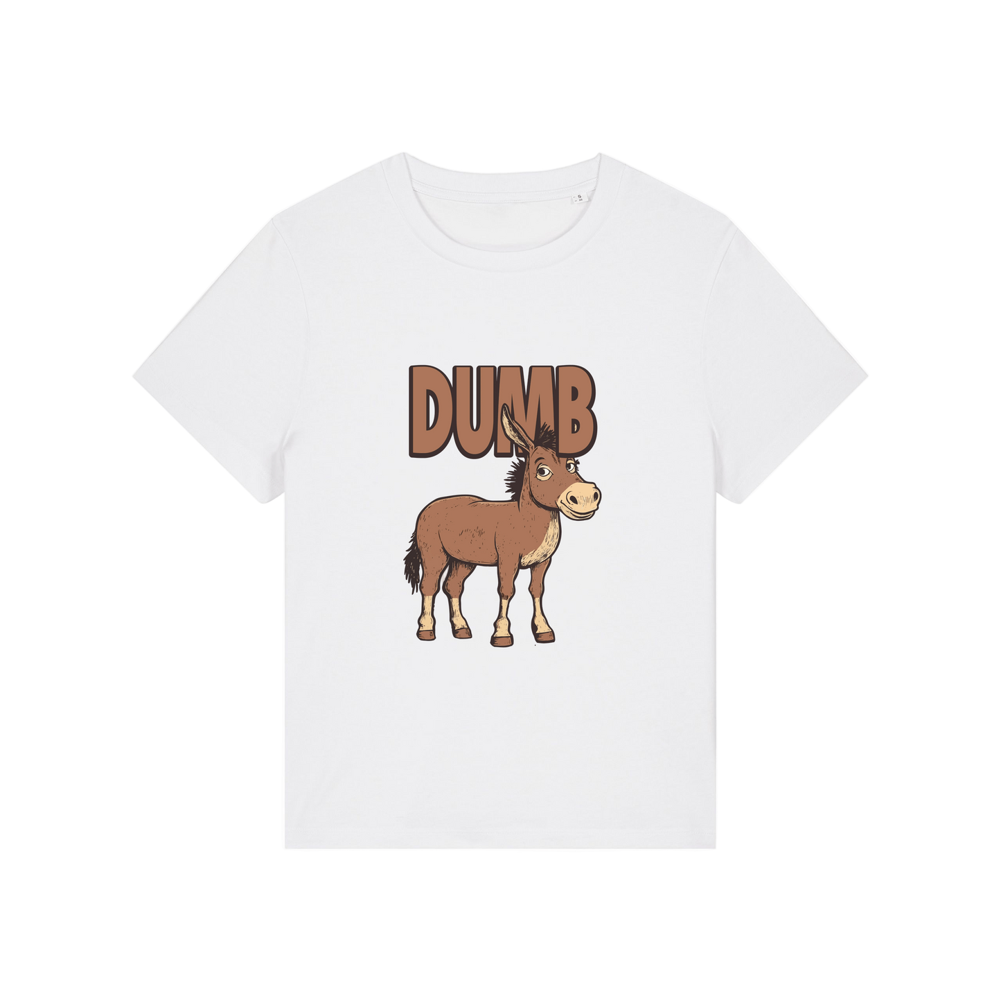 white funny animal t-shirt with the graphic of a cartoon donkey and the word 'dumb'
