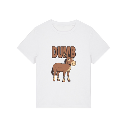white funny animal t-shirt with the graphic of a cartoon donkey and the word 'dumb'