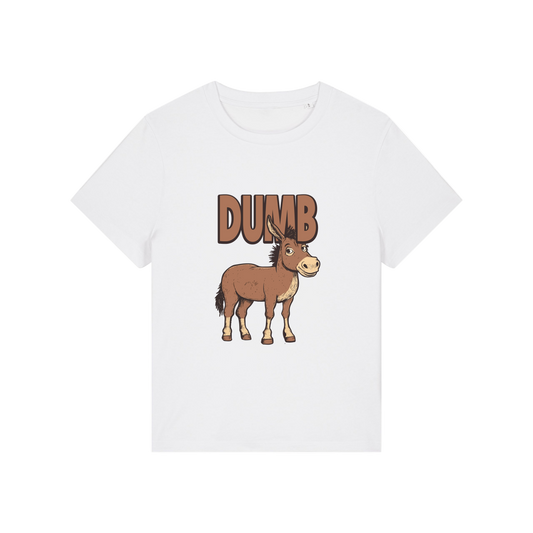 white funny animal t-shirt with the graphic of a cartoon donkey and the word 'dumb'