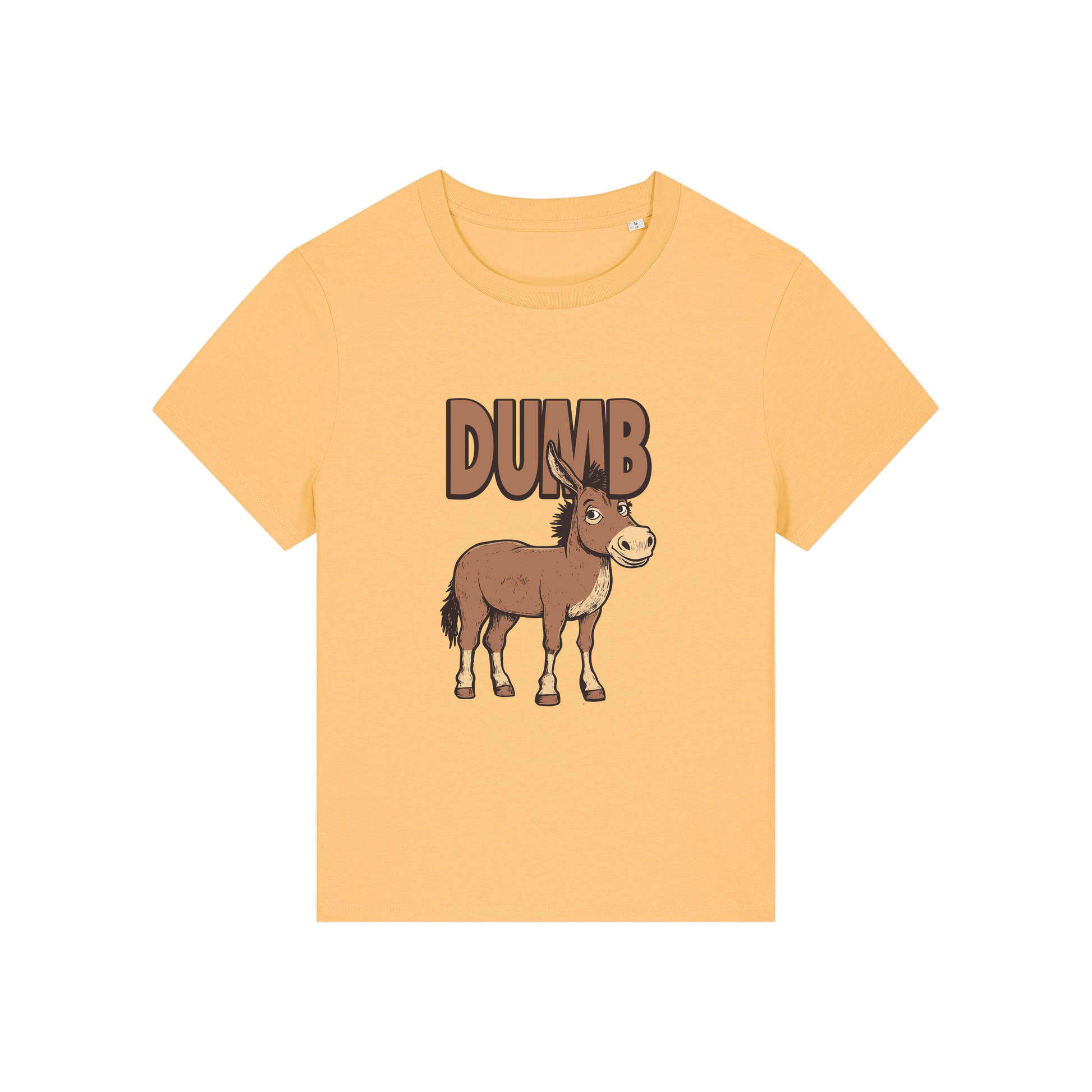 yellow funny animal t-shirt with the graphic of a cartoon donkey and the word 'dumb'