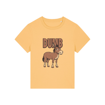 yellow funny animal t-shirt with the graphic of a cartoon donkey and the word 'dumb'