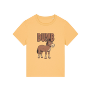 yellow funny animal t-shirt with the graphic of a cartoon donkey and the word 'dumb'