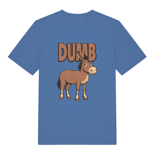 blue funny offensive t-shirt with the graphic of a donkey and the word 'dumb'