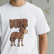 White funny graphic t-shirt with a cartoon ass and 'DUMB' text on a plain background