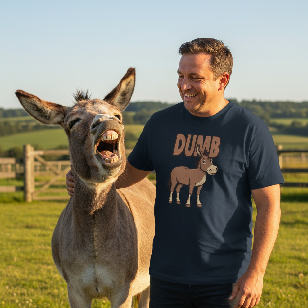 Man wearing a 'DUMB' t-shirt with a donkey graphic standing next to a donkey in a field.