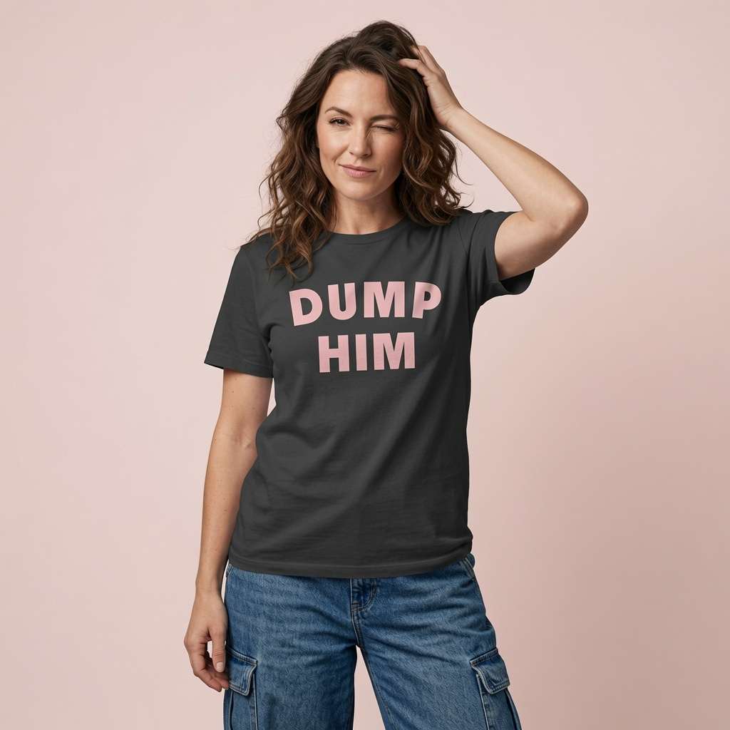 Woman winking with hand in hair in black Dump Him tee, ladies Valentines fun slogan
