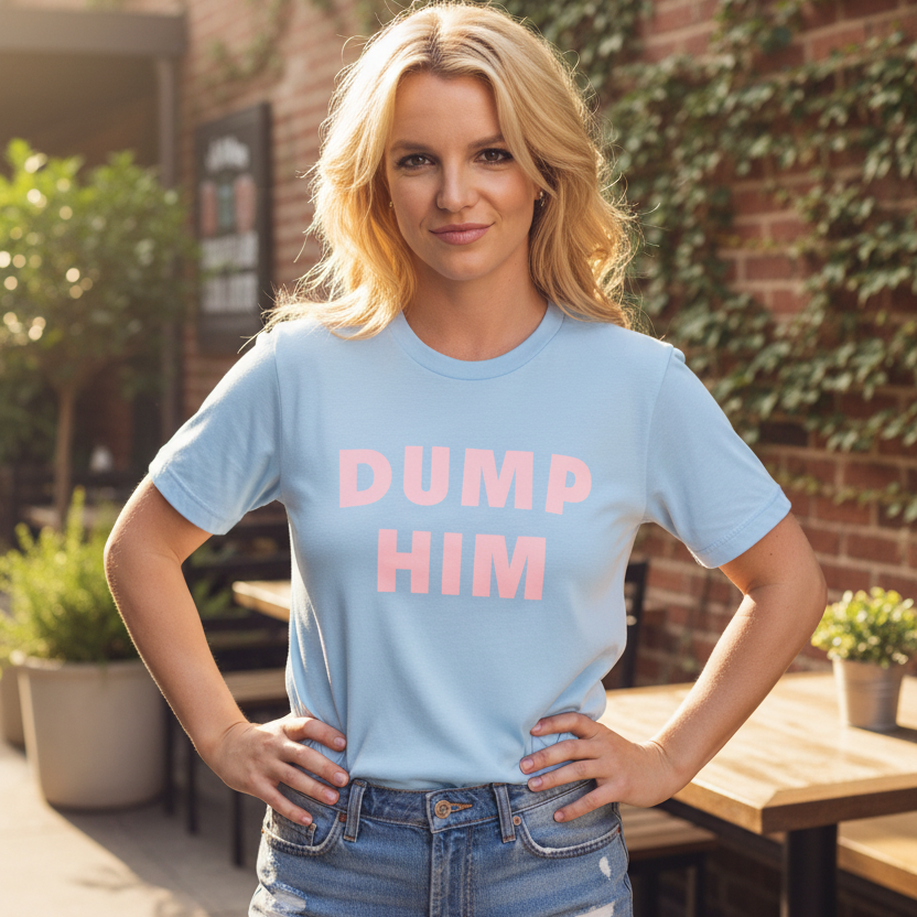 Woman wearing a light blue t-shirt with 'DUMP HIM' in pink text, standing outdoors.