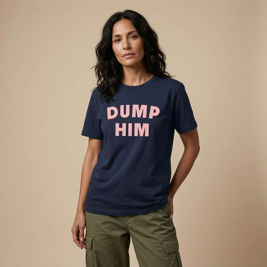 Woman standing with hand in pocket in navy Dump Him t-shirt, cheeky fun Y2K ladies tee