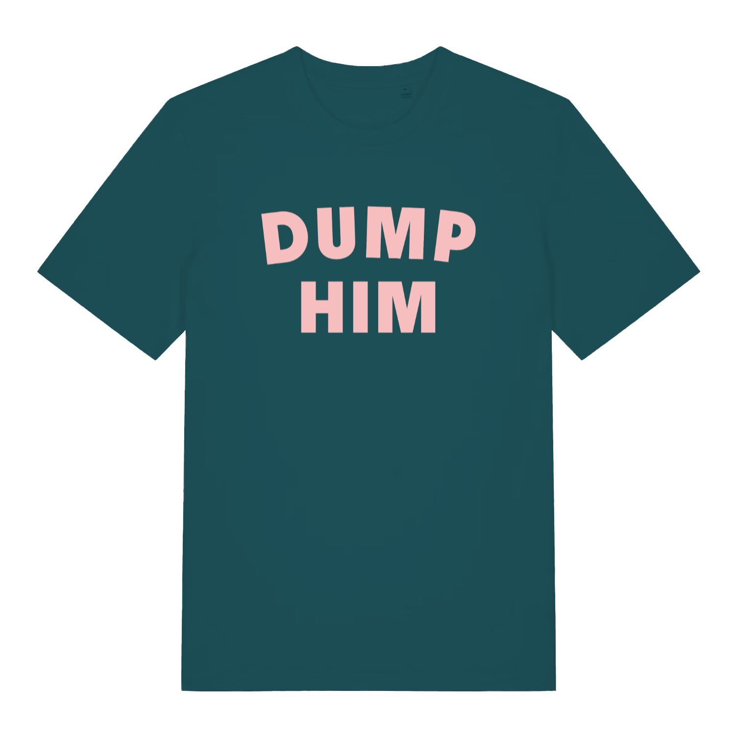 teal women's slogan t-shirt with the text 'dump him'