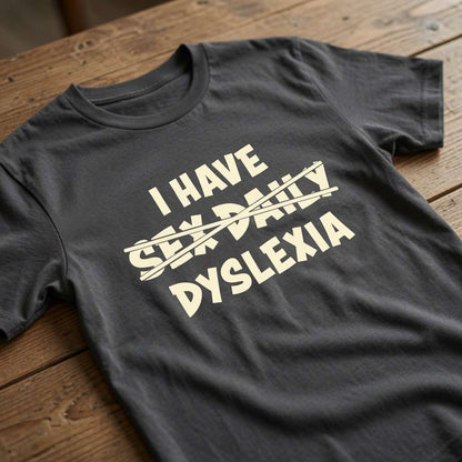 Black I Have Sex Daily Dyslexia t-shirt on wood with crossed-out text, witty fun cheeky slogan