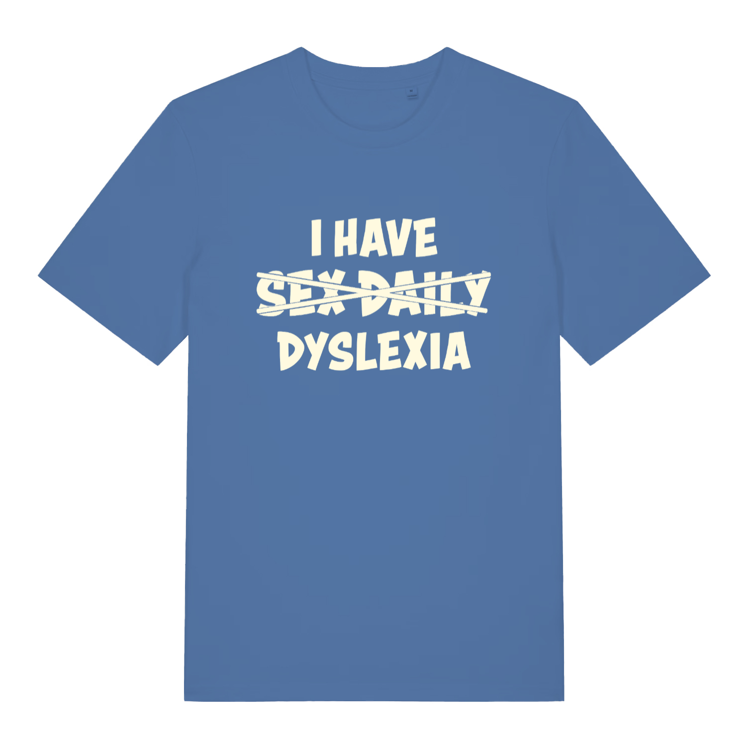 Bright Blue Dyslexia T-shirt flat lay featuring clever dyslexia wordplay graphic
