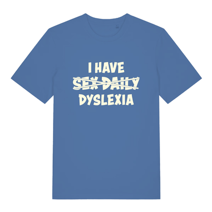 Bright Blue Dyslexia T-shirt flat lay featuring clever dyslexia wordplay graphic