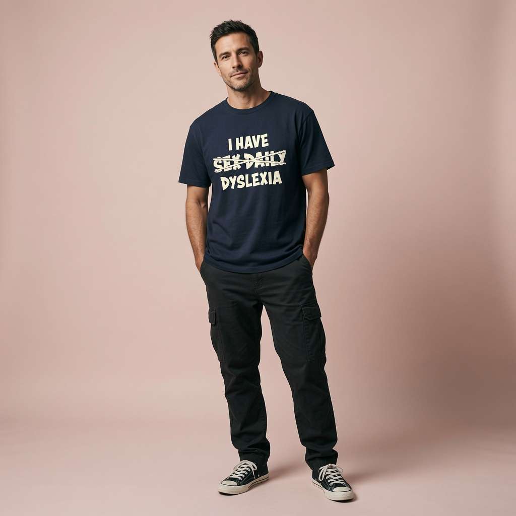 Man posing full-body in french navy I Have Sex Daily Dyslexia tee, fun cheeky witty mens slogan