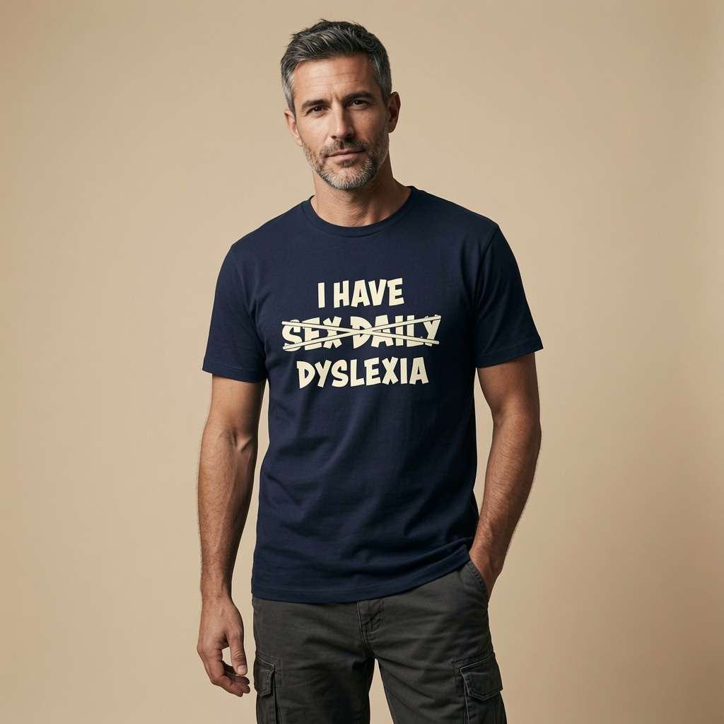 Bearded man with hand in pocket in french navy I Have Sex Daily Dyslexia t-shirt, funny witty mens statement