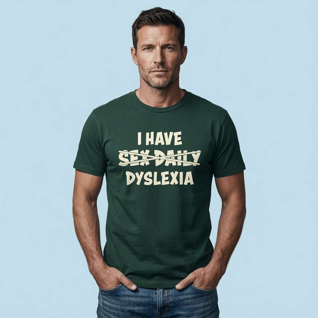 Man standing with hands in pockets in glazed green I Have Sex Daily Dyslexia t-shirt, offensive witty mens text