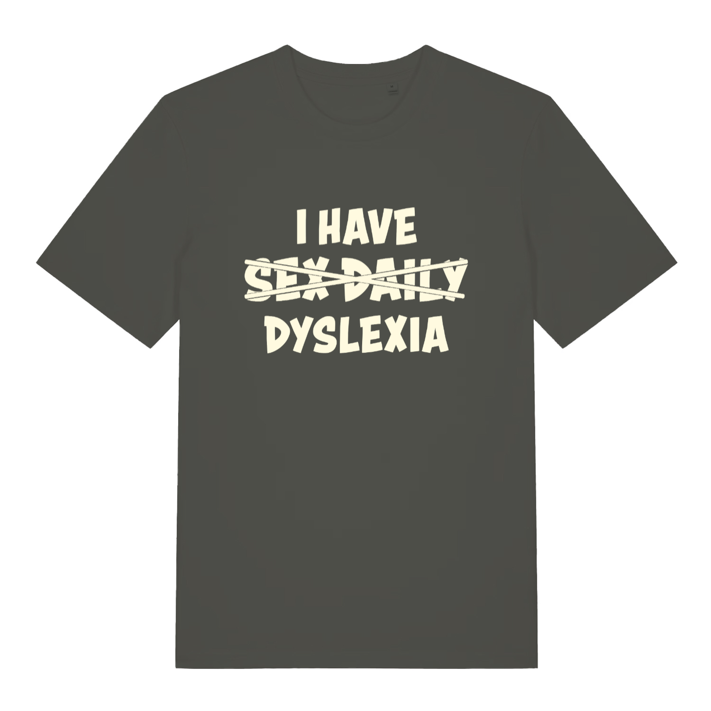 Khaki Dyslexia T-shirt flat lay displaying funny "I Have Sex Daily Dyslexia" artwork