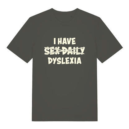 Khaki Dyslexia T-shirt flat lay displaying funny "I Have Sex Daily Dyslexia" artwork