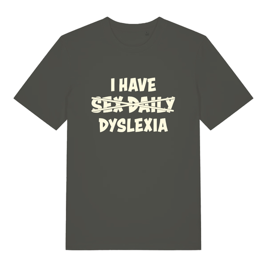 Khaki Dyslexia T-shirt flat lay displaying funny "I Have Sex Daily Dyslexia" artwork