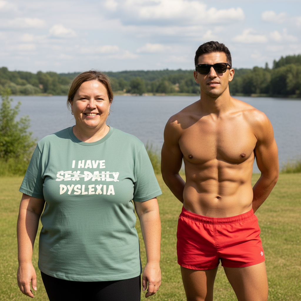Two people standing outdoors by a lake, one wearing a green slogan  t-shirt  and the other in red shorts.