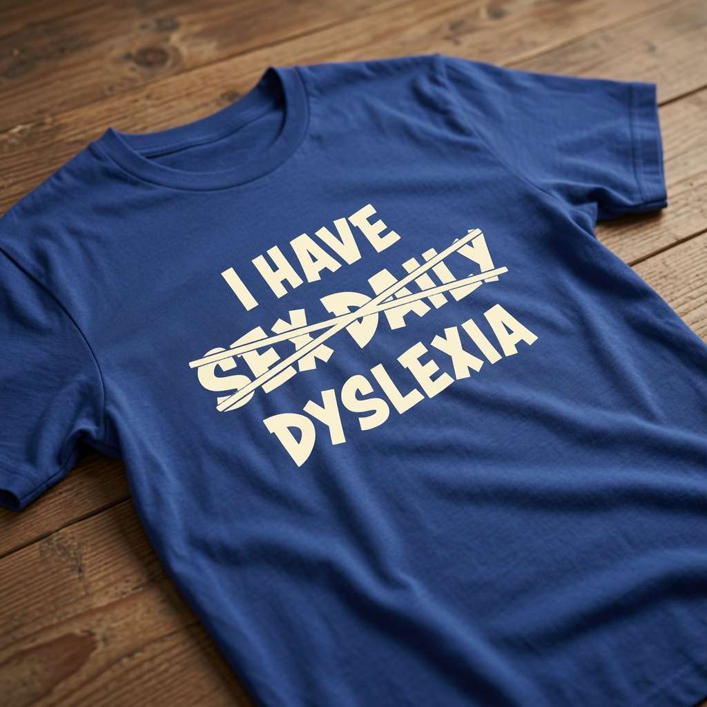 A royal blue short-sleeve t-shirt with a cream-colored graphic text reading 'I HAVE SEX DAILY DYSLEXIA' with the words crossed out diagonally, laid flat on a rustic wooden surface.