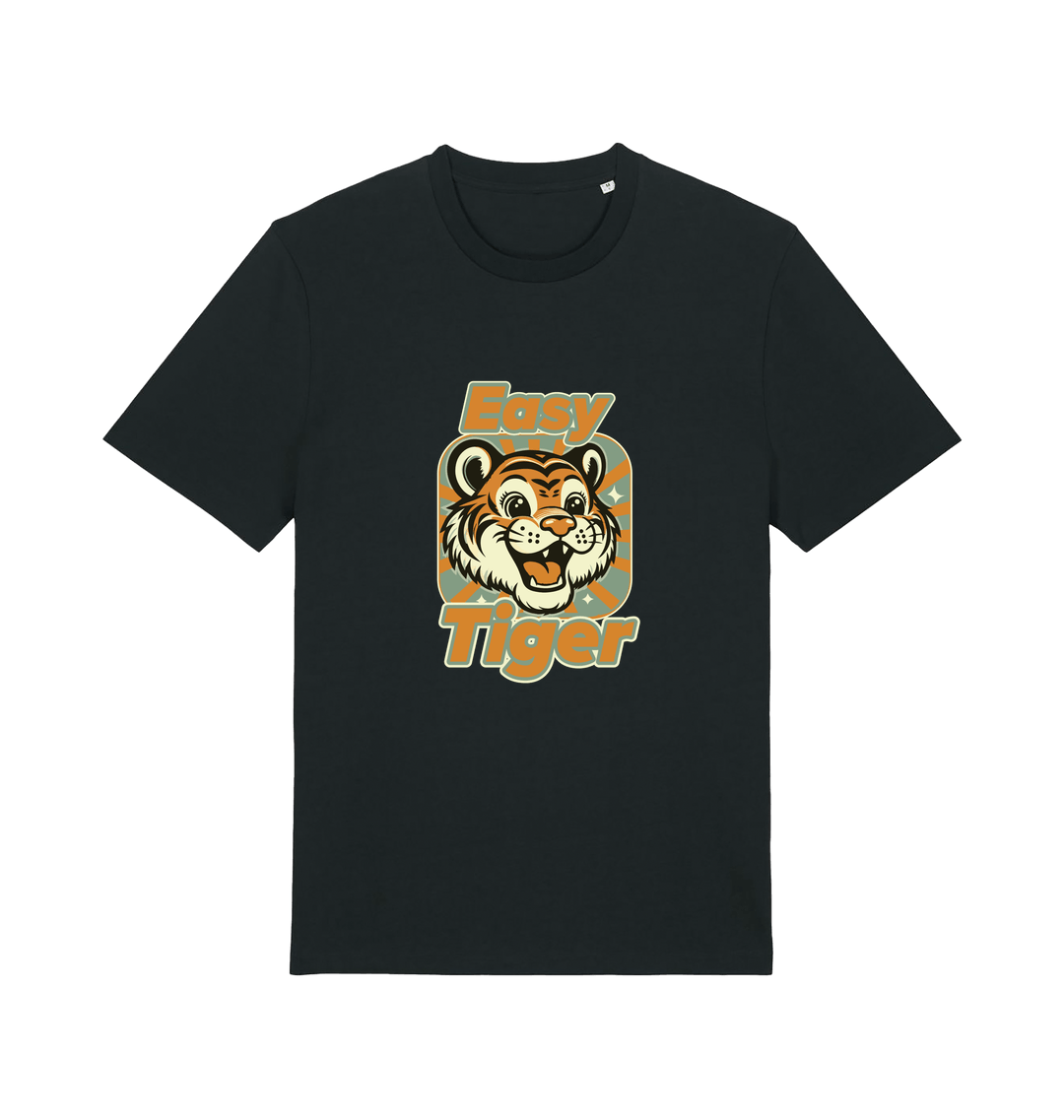 black animal t-shirt with the graphic of a cartoon tiger and the slogan 'easy tiger'