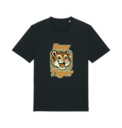 black animal t-shirt with the graphic of a cartoon tiger and the slogan 'easy tiger'