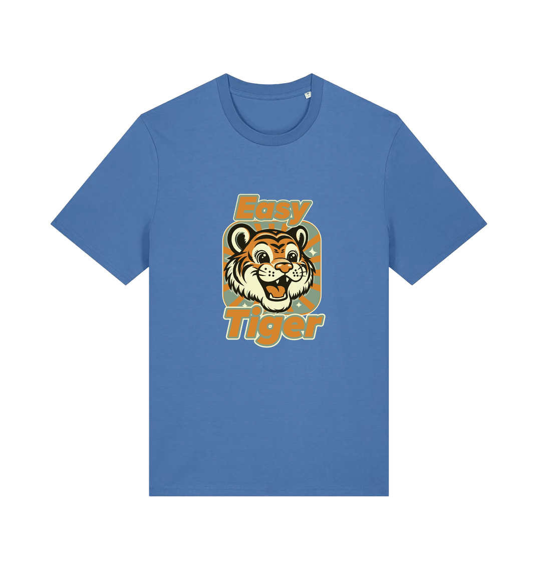 blue animal t-shirt with the graphic of a cartoon tiger and the slogan 'easy tiger