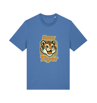 blue animal t-shirt with the graphic of a cartoon tiger and the slogan 'easy tiger
