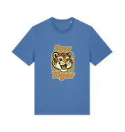 blue animal t-shirt with the graphic of a cartoon tiger and the slogan 'easy tiger