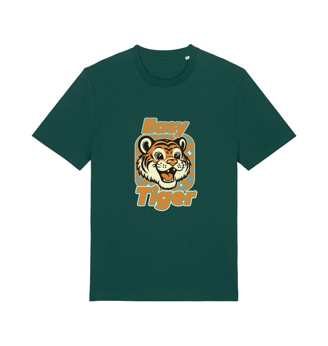 green animal t-shirt with the graphic of a cartoon tiger and the slogan 'easy tiger