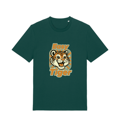 green animal t-shirt with the graphic of a cartoon tiger and the slogan 'easy tiger