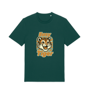 green animal t-shirt with the graphic of a cartoon tiger and the slogan 'easy tiger