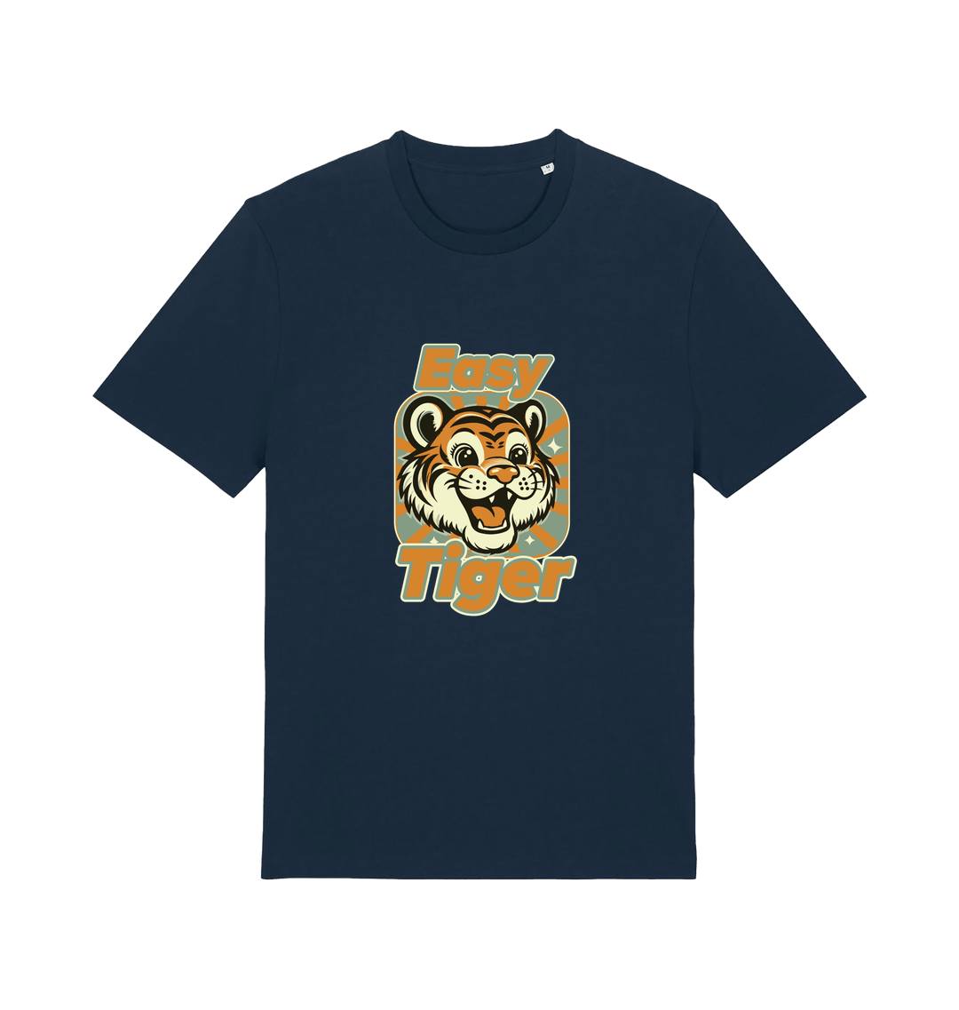 navy animal t-shirt with the graphic of a cartoon tiger and the slogan 'easy tiger