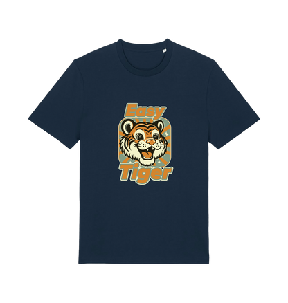 navy animal t-shirt with the graphic of a cartoon tiger and the slogan 'easy tiger