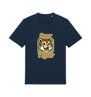 navy animal t-shirt with the graphic of a cartoon tiger and the slogan 'easy tiger